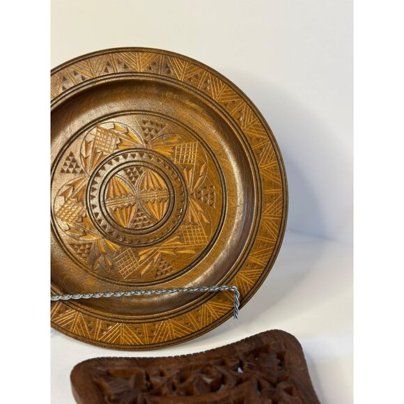VTG 70‘s Hand Carved Wooden Wall Plate Bohemian - Rustic Home & Wooden Trivet - Picture 4 of 6